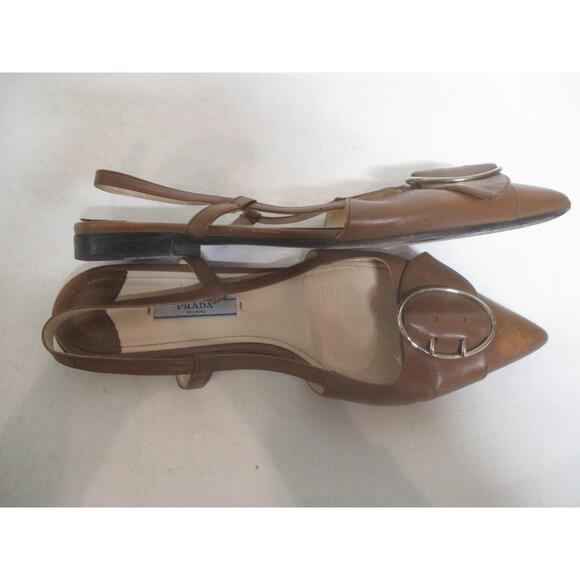 PRADA Brown Buckle Accent Pointed Toe Leather Slingback Flats shoes sandlas 38 - Picture 1 of 6